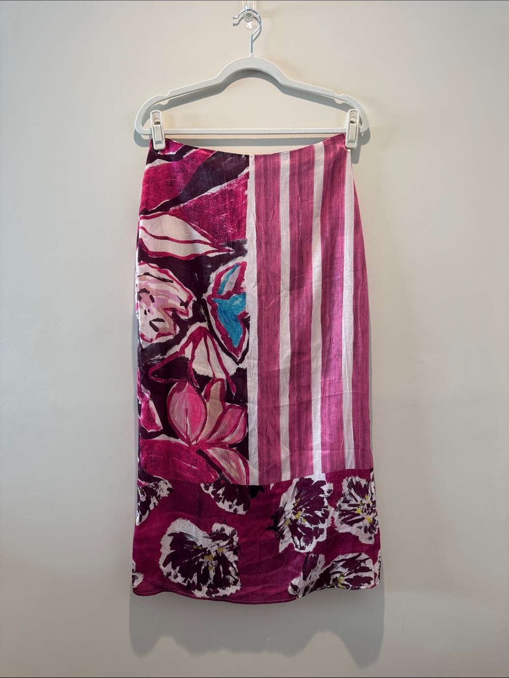 Zara Pink Floral & Stripe Satin Midi Skirt - M